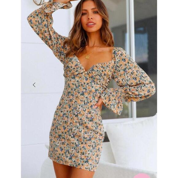 Hello Molly Love First Bell Sleeve Mini Dress in Orange/Sage Floral size Small​ - Picture 13 of 15